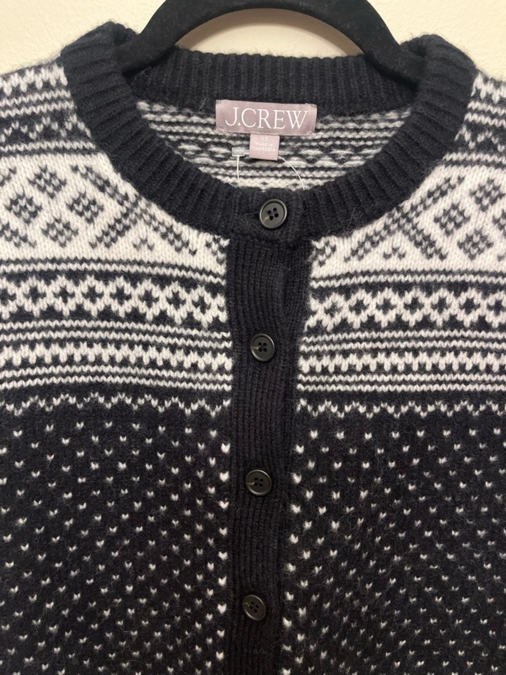 NWT $178 J. Crew Fair Isle Cardigan 100% Lambs Wool Women's Size XS Black Ivory - Picture 2 of 9